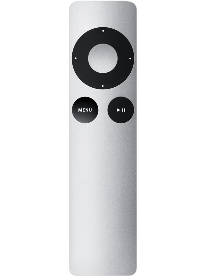 Apple TV aluminum remote: a slim silver bar with a click ring, a Menu button, and a play/pause button