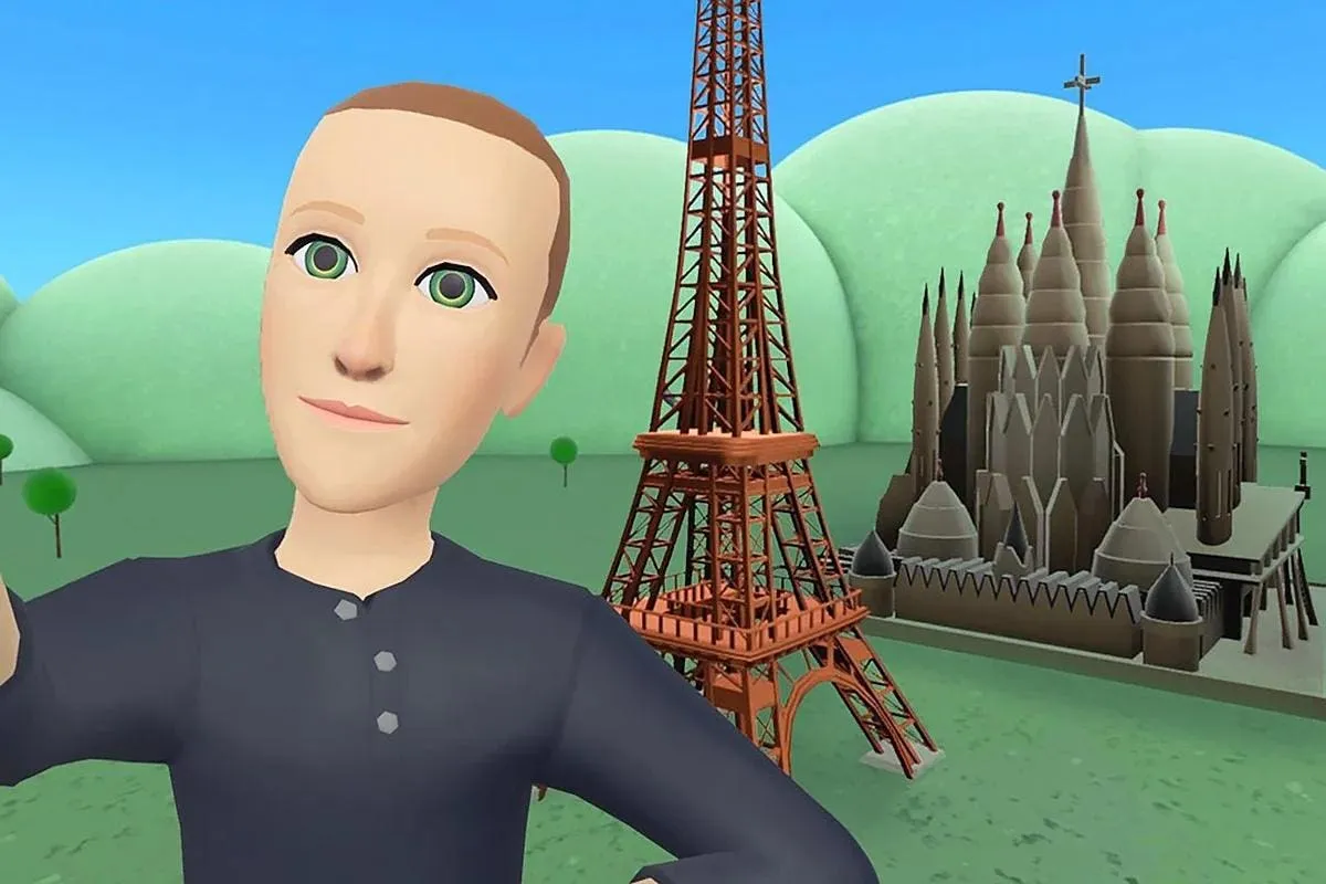 Mark Zuckerberg's legless Horizon Worlds metaverse selfie avatar in front of the Eiffel Tower