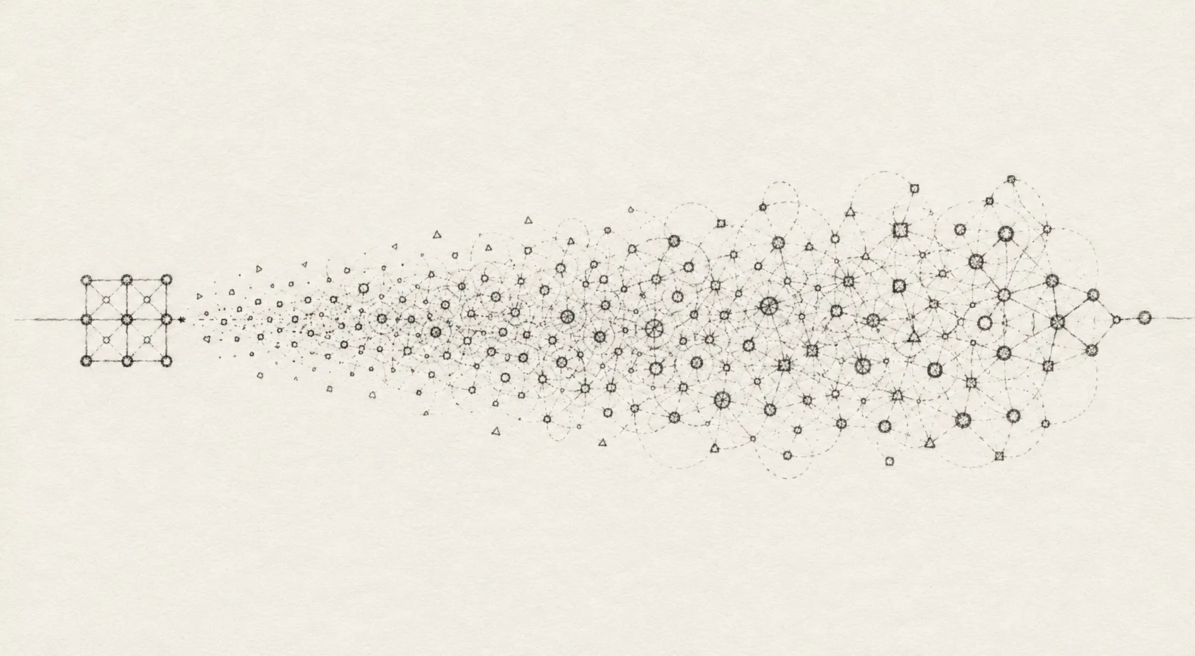 A small ordered grid unraveling into a sprawling, tangled network, drawn in ink on paper
