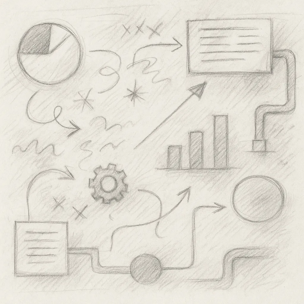 Sketch of a focused man working at a desk with a laptop and creative elements around him.