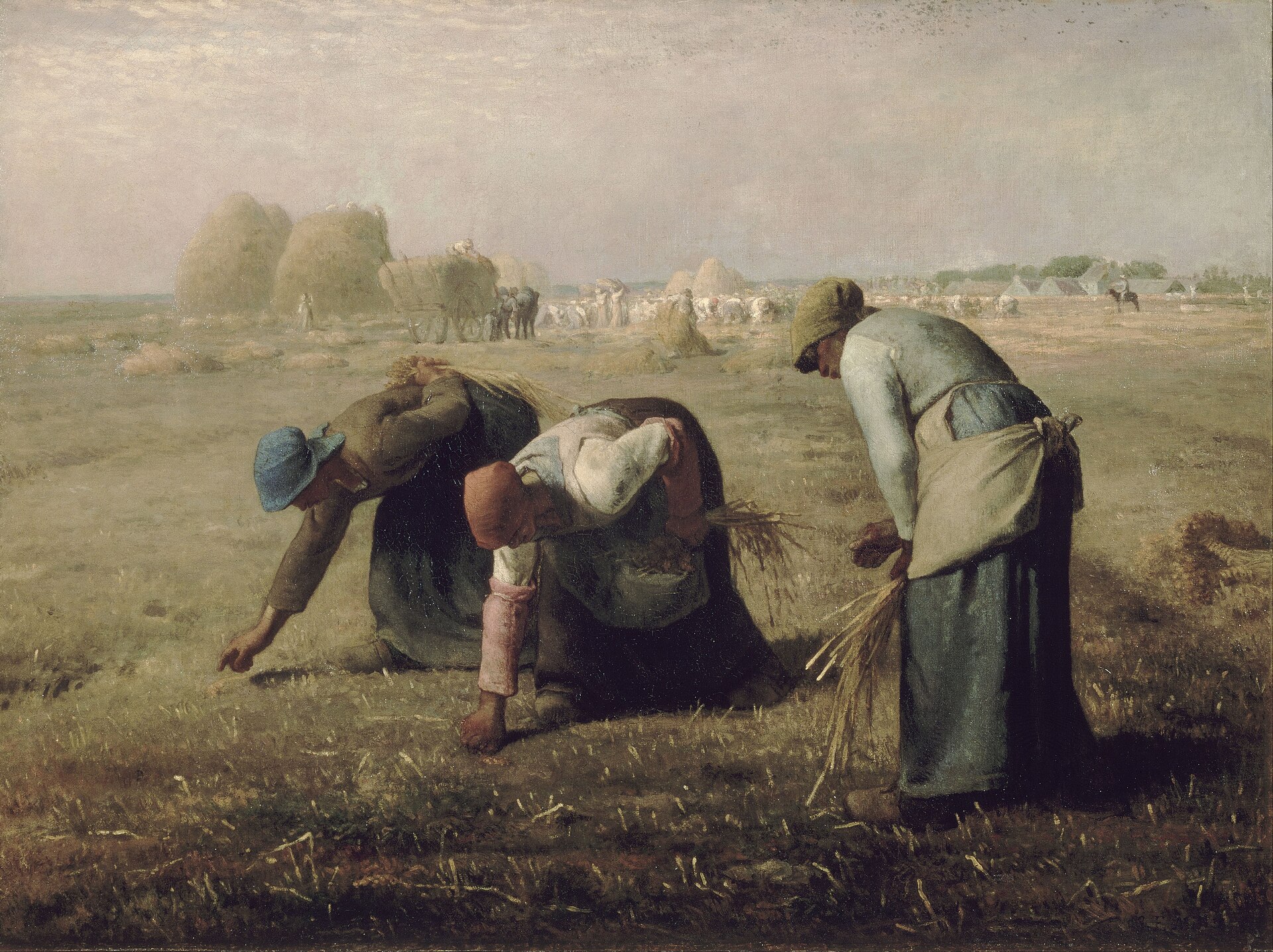 Millet's painting The Gleaners: three peasant women bent over a harvested field, picking up leftover grain by hand